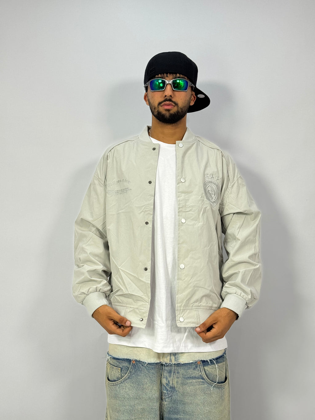 Bomber Varsity Gris Sauge – Blouson Oversize