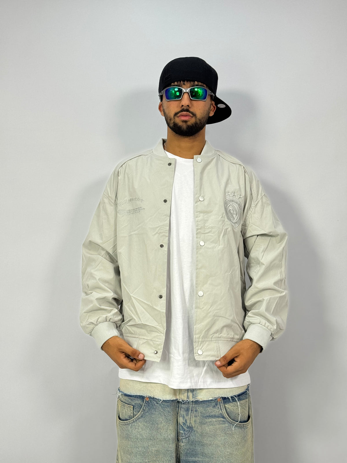 Bomber Varsity Gris Sauge – Blouson Oversize