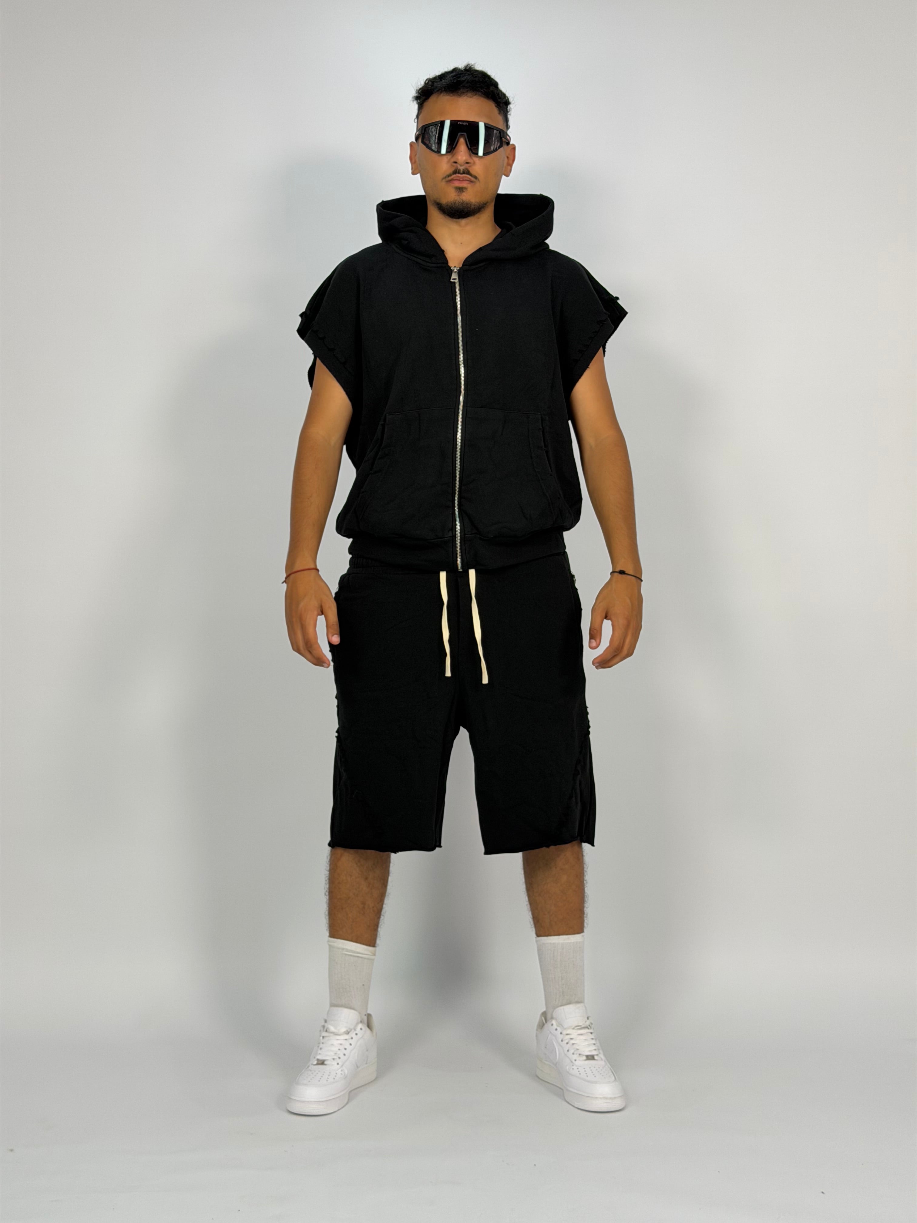 Ensemble “SAND WAVE” Noir  – Hoodie Sans Manches + Short Summer Fit