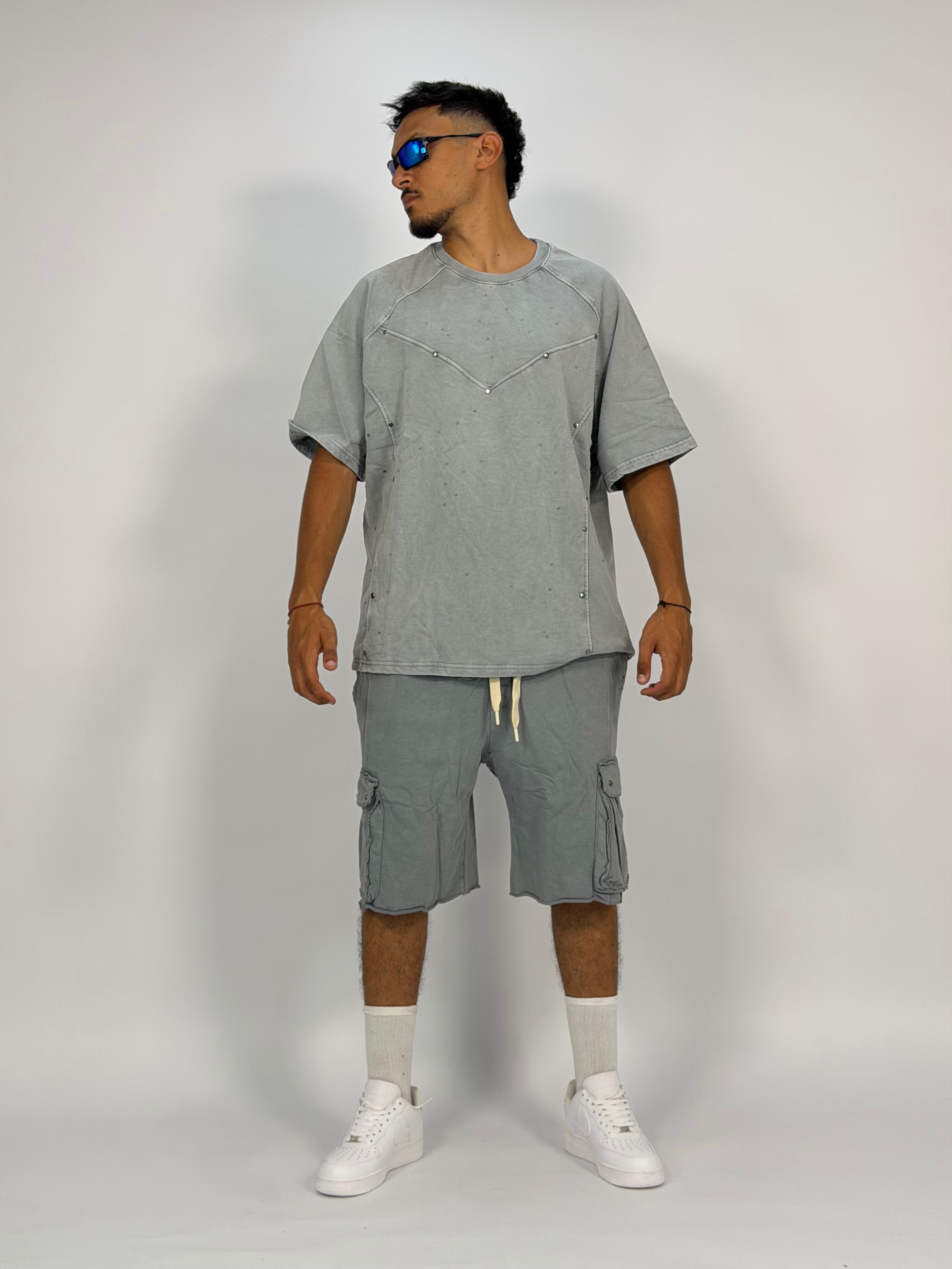Ensemble “OCEAN DUST” Gris – T-Shirt + Short Cargo Streetwear