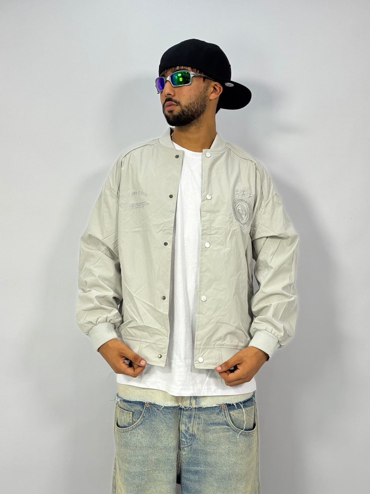 Bomber Varsity Gris Sauge – Blouson Oversize
