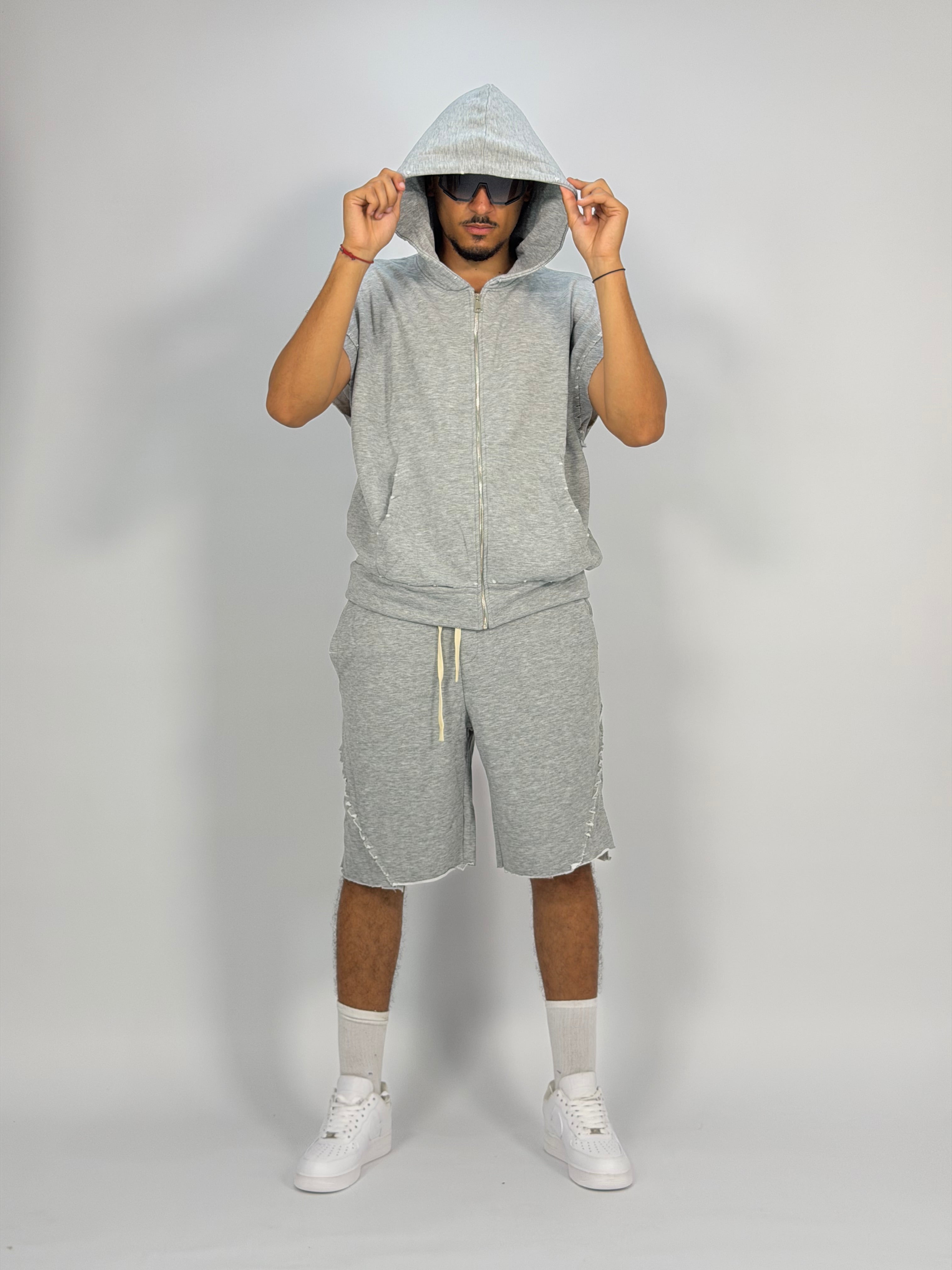 Ensemble “SAND WAVE” GRIS – Hoodie Sans Manches + Short Summer Fit