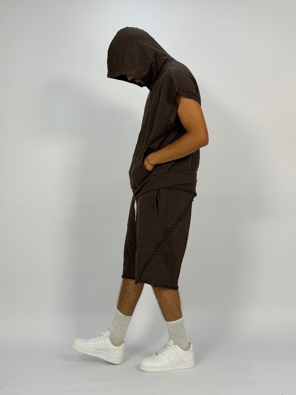 Ensemble “SAND WAVE” Marron – Hoodie Sans Manches + Short Summer Fit
