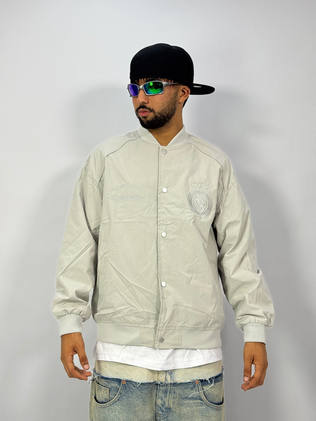 Bomber Varsity Gris Sauge – Blouson Oversize