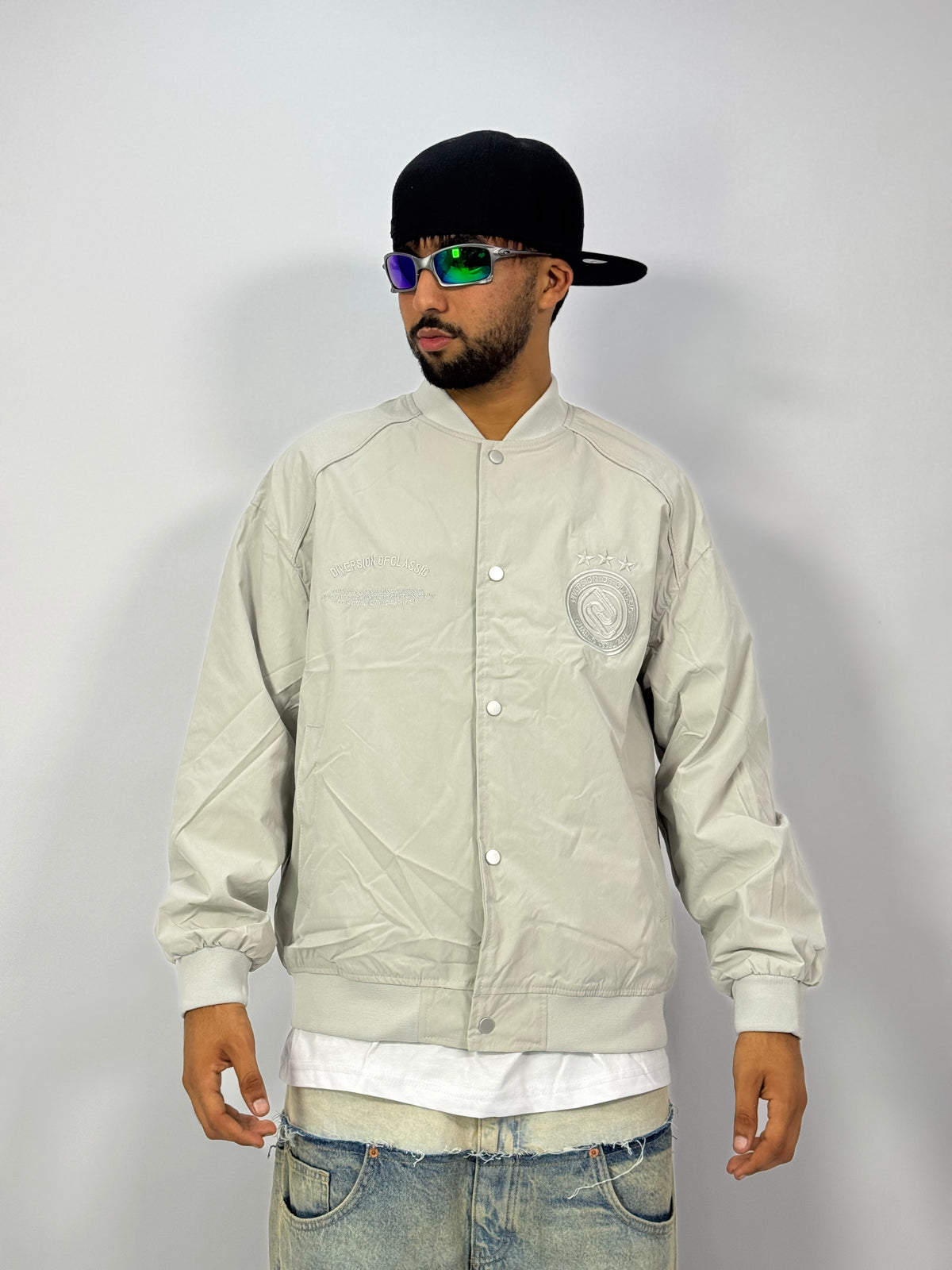 Bomber Varsity Gris Sauge – Blouson Oversize