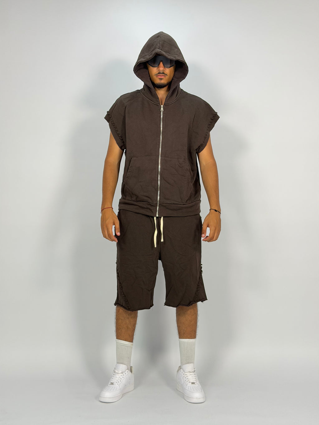 Ensemble “SAND WAVE” Marron – Hoodie Sans Manches + Short Summer Fit