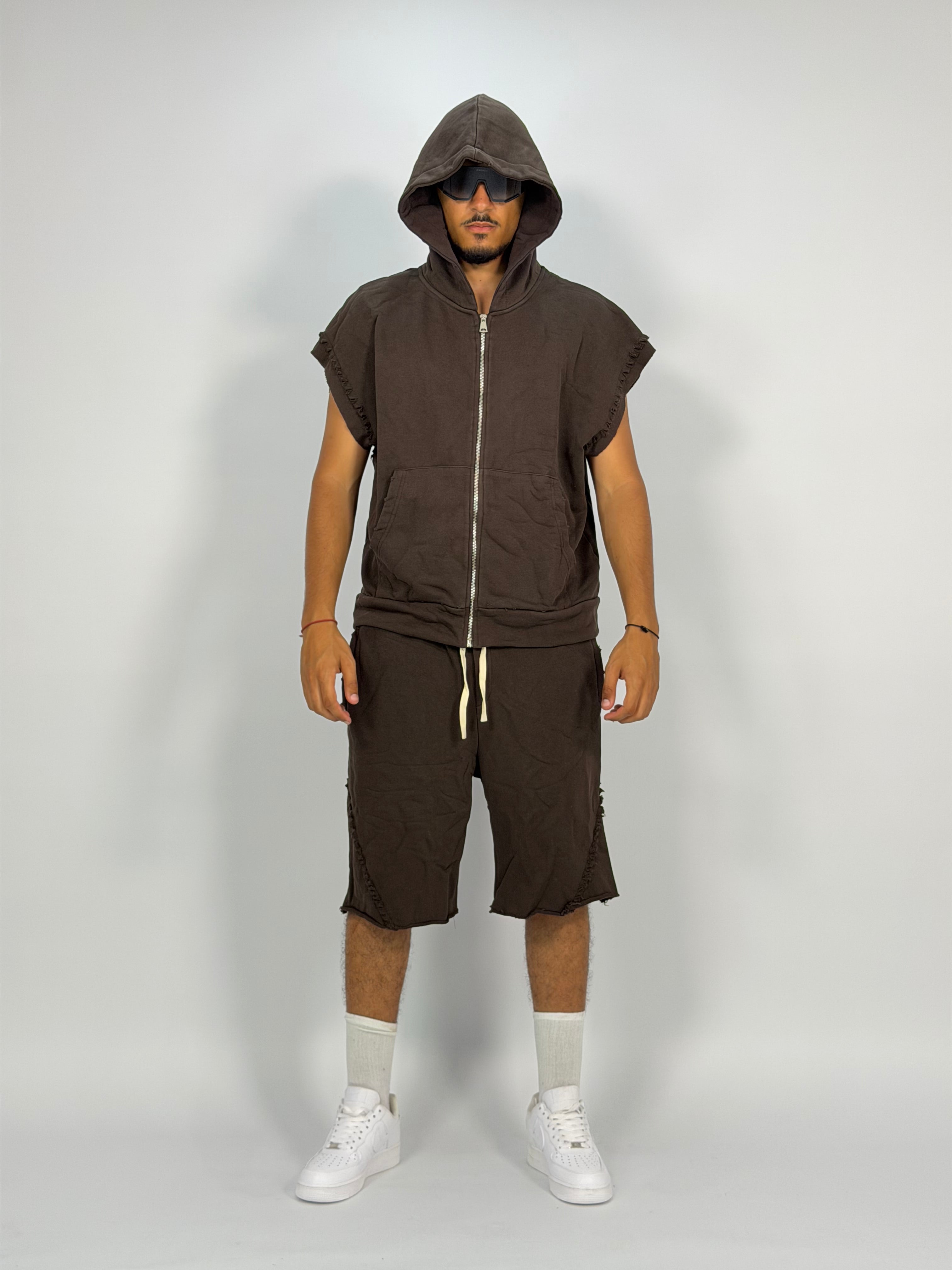 Ensemble “SAND WAVE” Marron – Hoodie Sans Manches + Short Summer Fit